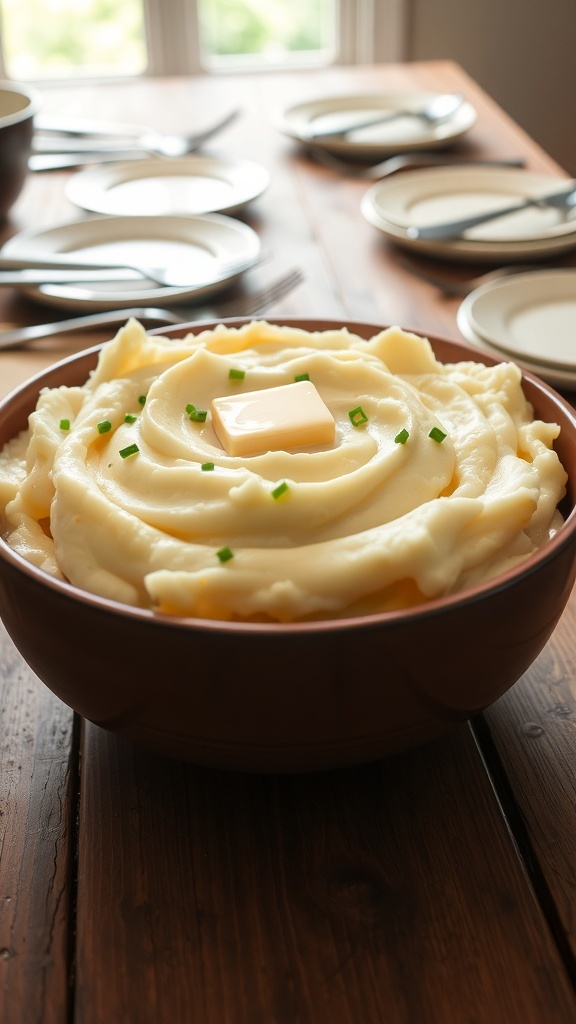 A bowl of creamy mashed potatoes with butter and chives on a rustic dining table.